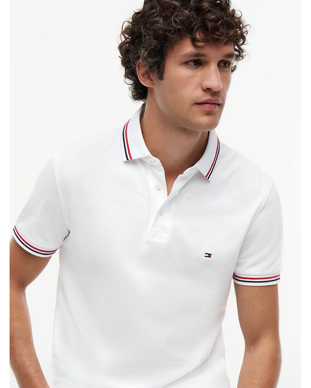 Tommy Hilfiger White S Short Sleeve Casual Polo Shirts In Slim Fit With Stretch And Cuff Designs for men