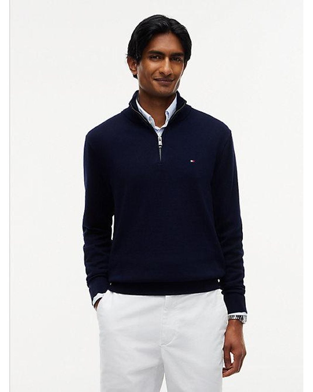 Tommy Hilfiger Blue Mock Neck Quarter Zip Jumper With Cashmere for men