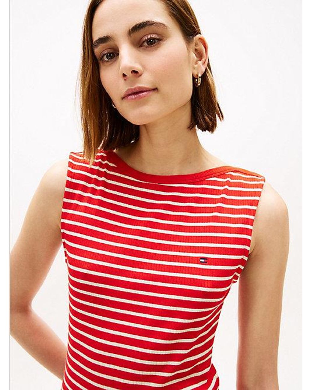 Tommy Hilfiger Red Boat Neck Slim Midi Bodycon Dress