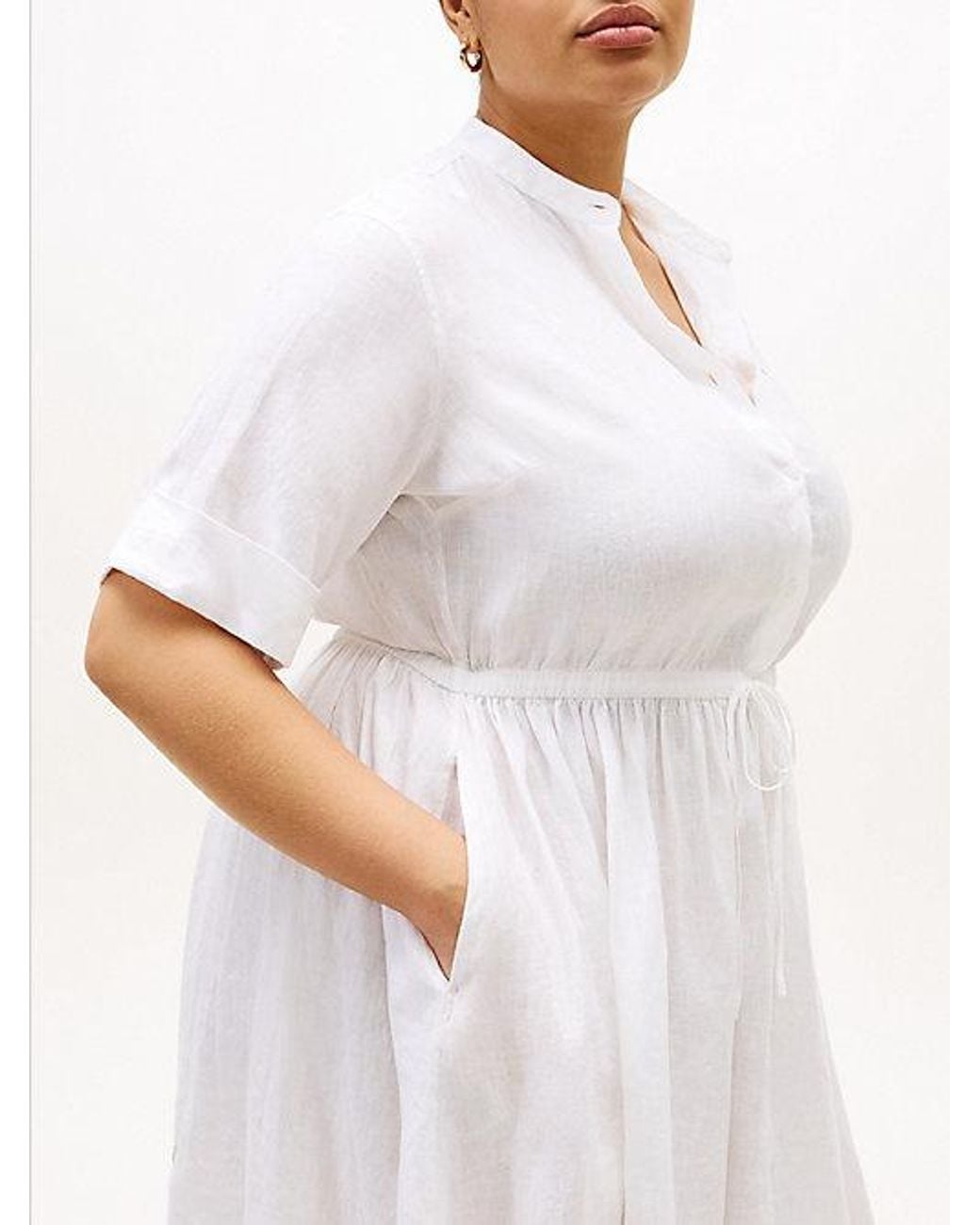 Tommy Hilfiger White Curve Print Pure Linen Midi Shirt Dress