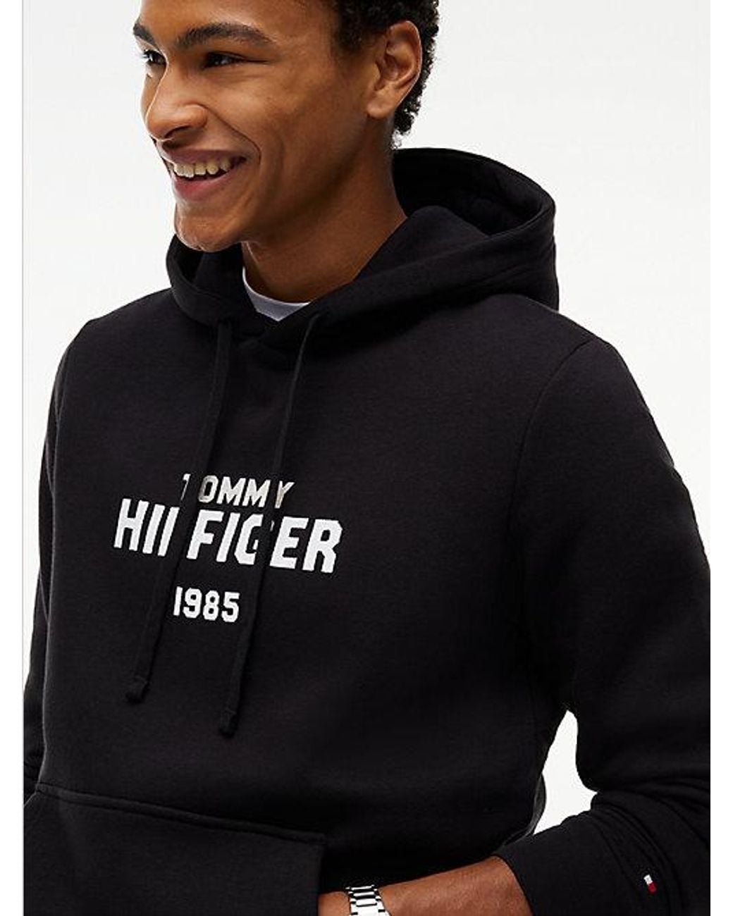 Tommy Hilfiger Black Logo Embroidery Fleece Hoody for men