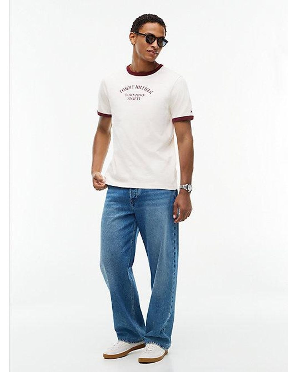 Tommy Hilfiger White Logo Textured Jersey Ringer T-Shirt for men