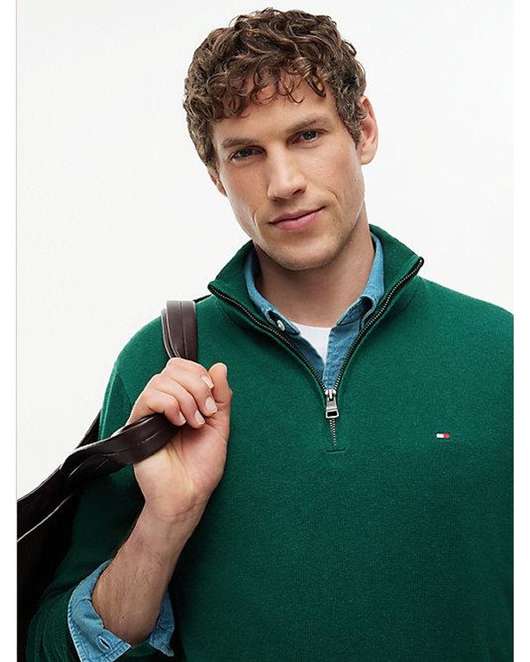 Tommy Hilfiger Green Mock Neck Quarter Zip Jumper With Cashmere for men