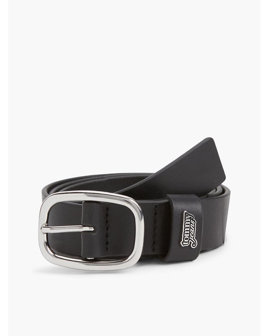 Tommy Hilfiger Black Leather Oval Buckle Logo Plaque Belt