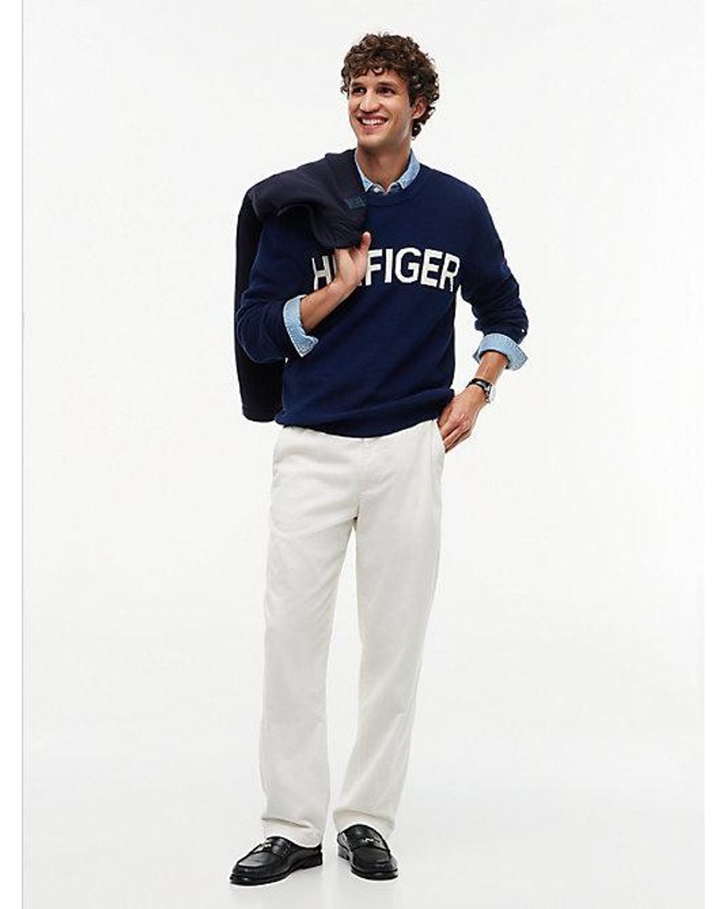 Tommy Hilfiger Blue Intarsia Logo Waffle Knit Relaxed Jumper for men