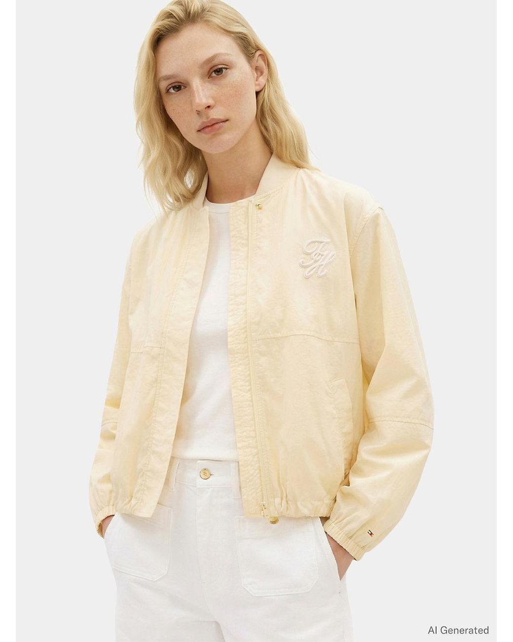 Tommy Hilfiger Natural Logo Embroidery Balloon Sleeve Bomber Jacket