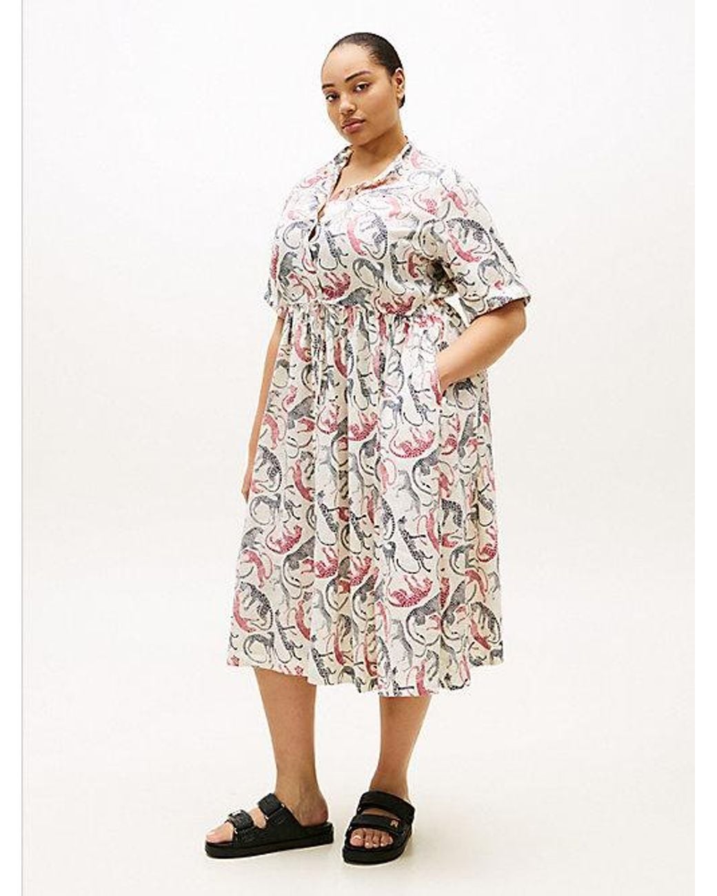 Tommy Hilfiger White Curve Print Pure Linen Midi Shirt Dress