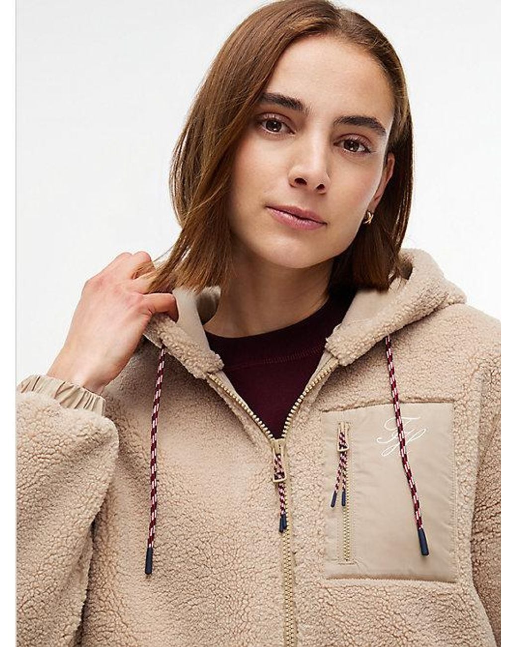 Tommy Hilfiger Natural Teddy Fleece Zip Thru Relaxed Hooded Jacket