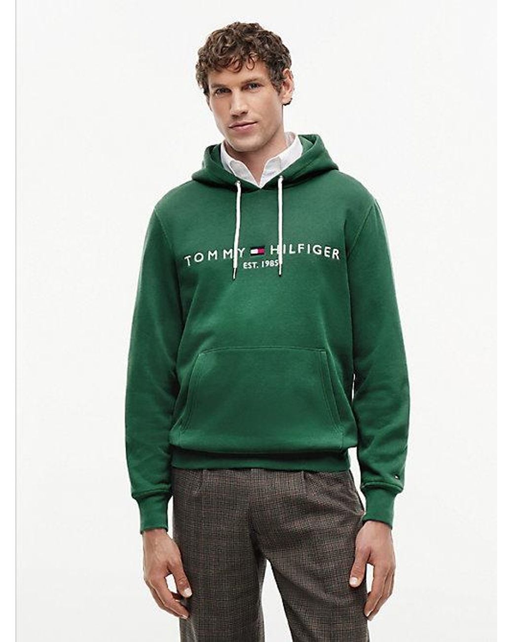 Tommy Hilfiger Green Logo Embroidery Fleece Drawstring Hoody for men
