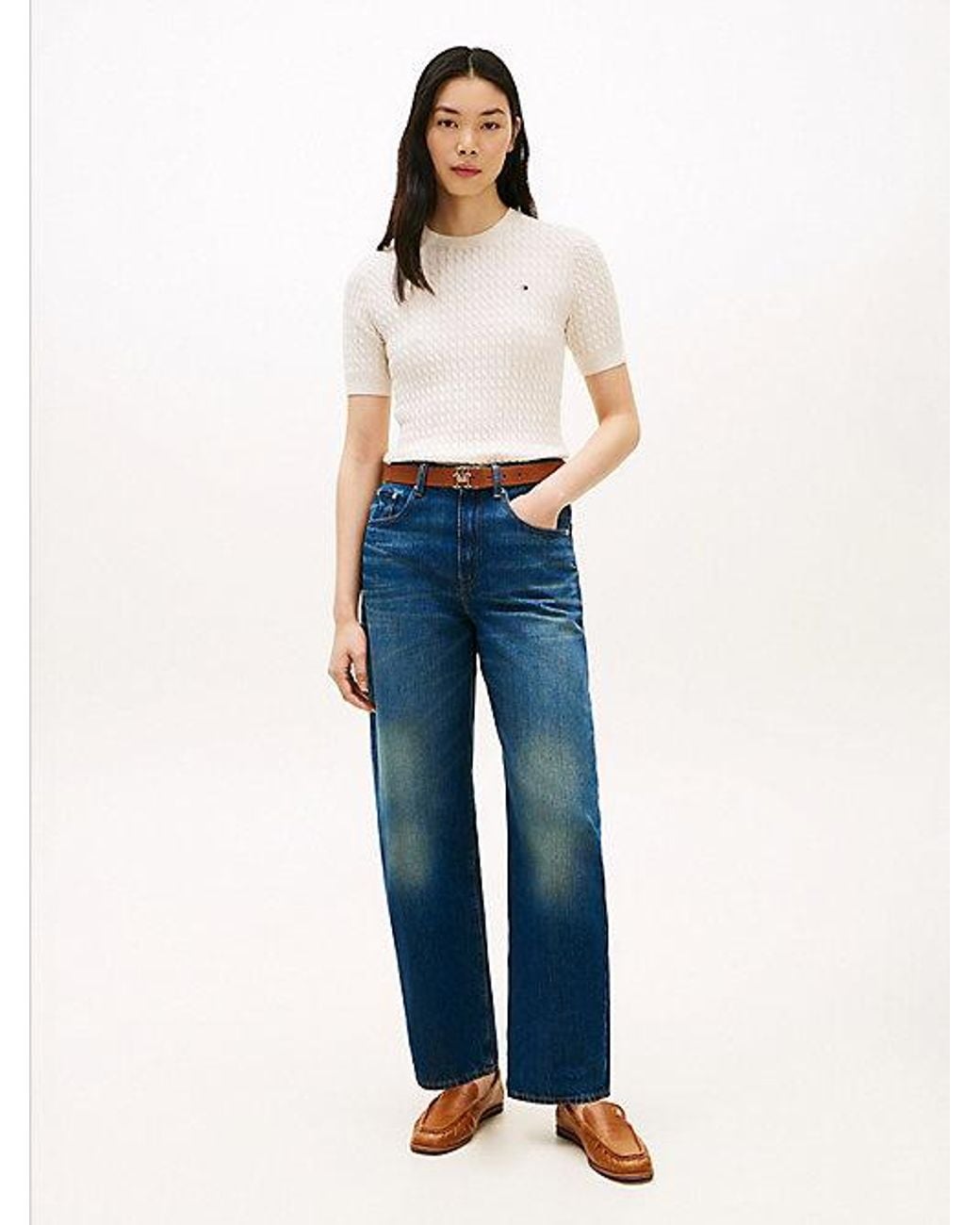 Tommy Hilfiger White Cable Knit Short Sleeve Jumper