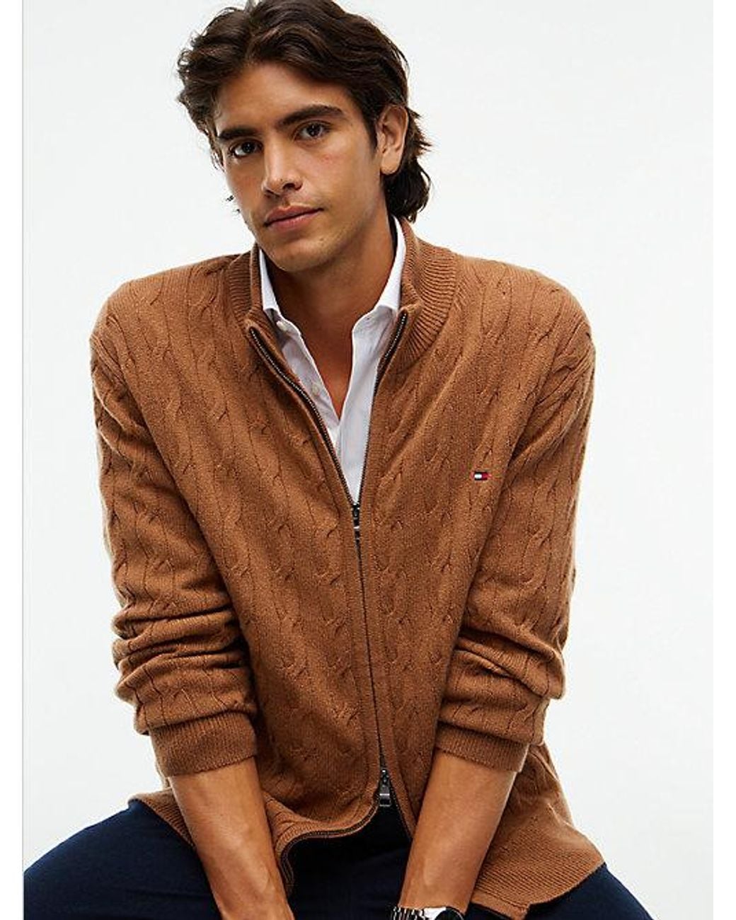 Tommy Hilfiger Brown Lambswool Zip Thru Cable Knit Jumper for men
