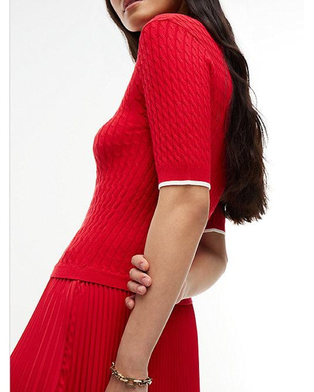 Tommy Hilfiger Red Cable Knit Pleated Midi Dress