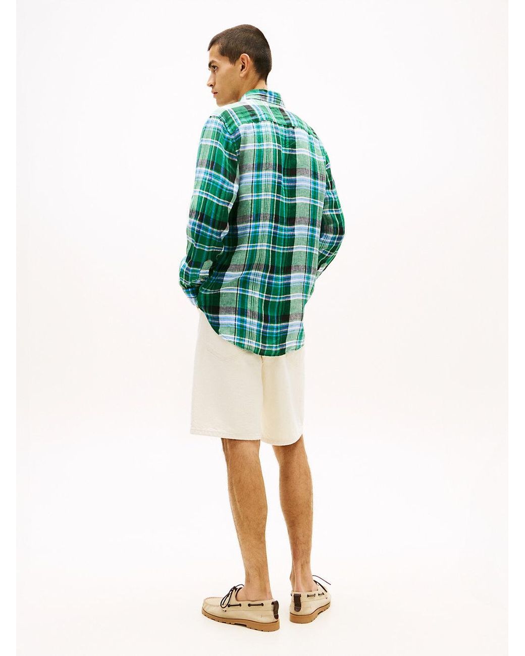 Tommy Hilfiger Green Regular Fit Madras Check Pure Linen Shirt for men