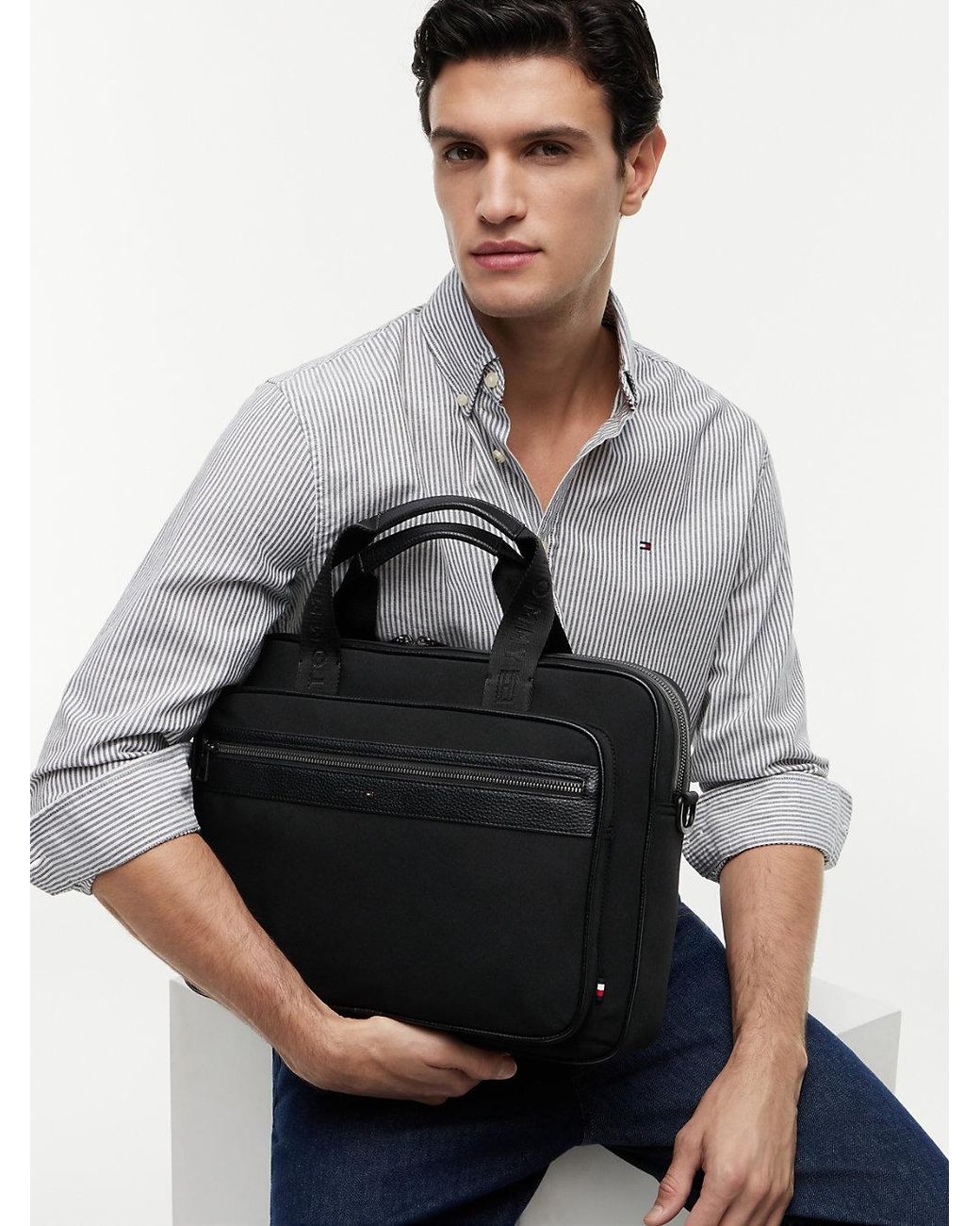 Tommy Hilfiger Black Removable Strap Textile Laptop Bag for men