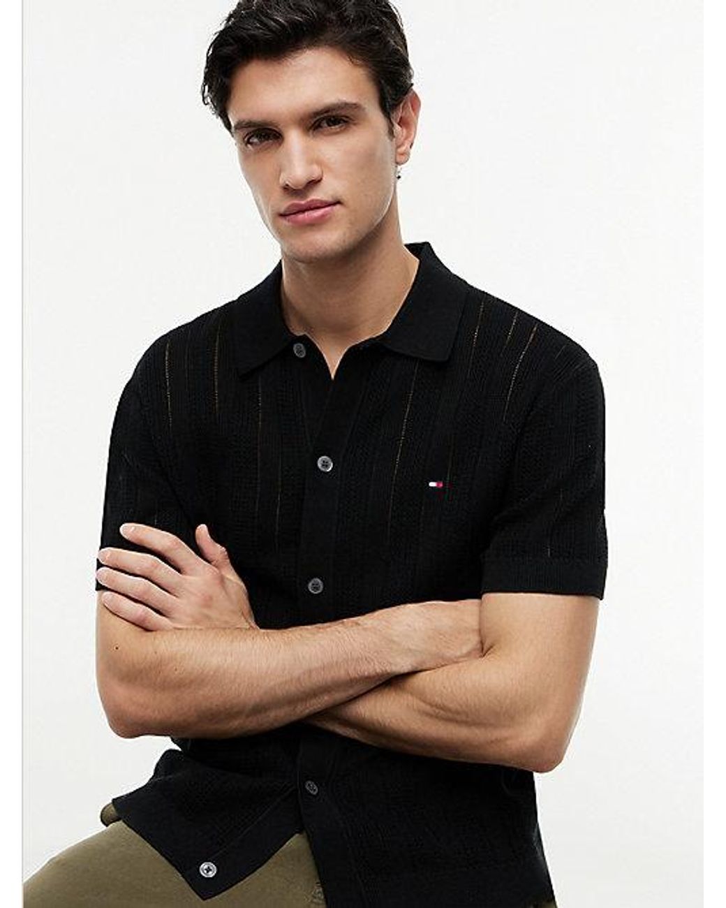 Tommy Hilfiger Black Relaxed Pointelle Short Sleeve Shirt With Linen for men