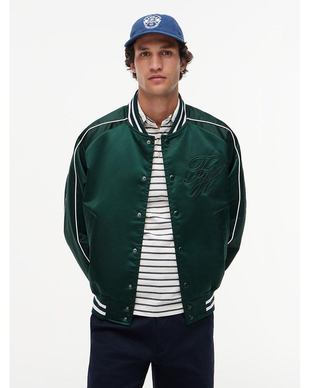 Tommy Hilfiger Green Logo Embroidery Relaxed Varsity Jacket for men