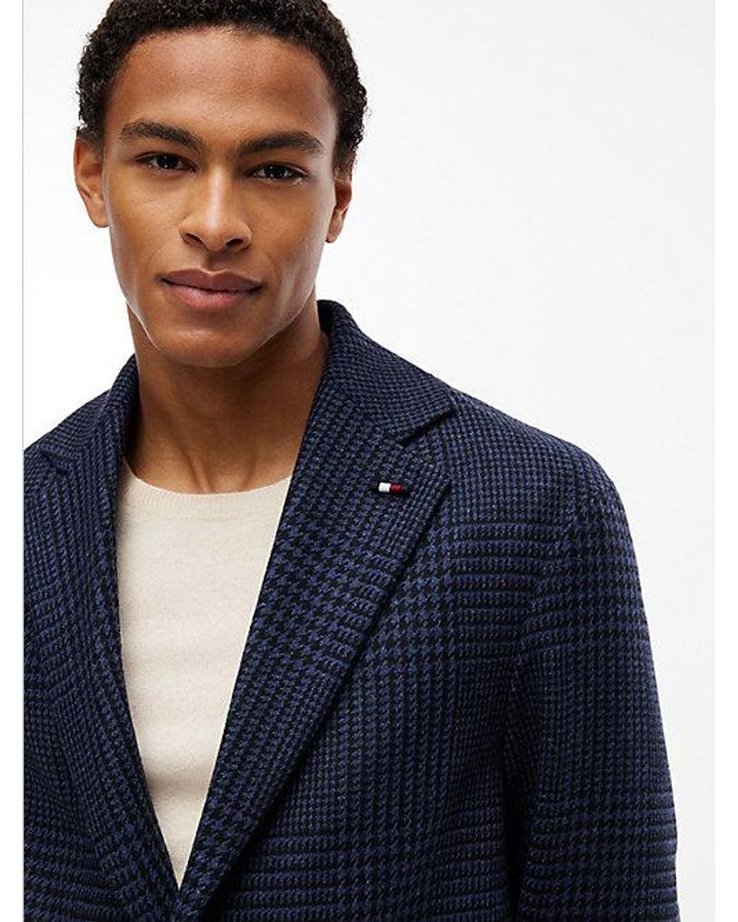 Tommy Hilfiger Blue Houndstooth Wool Blend Single Breasted Coat for men