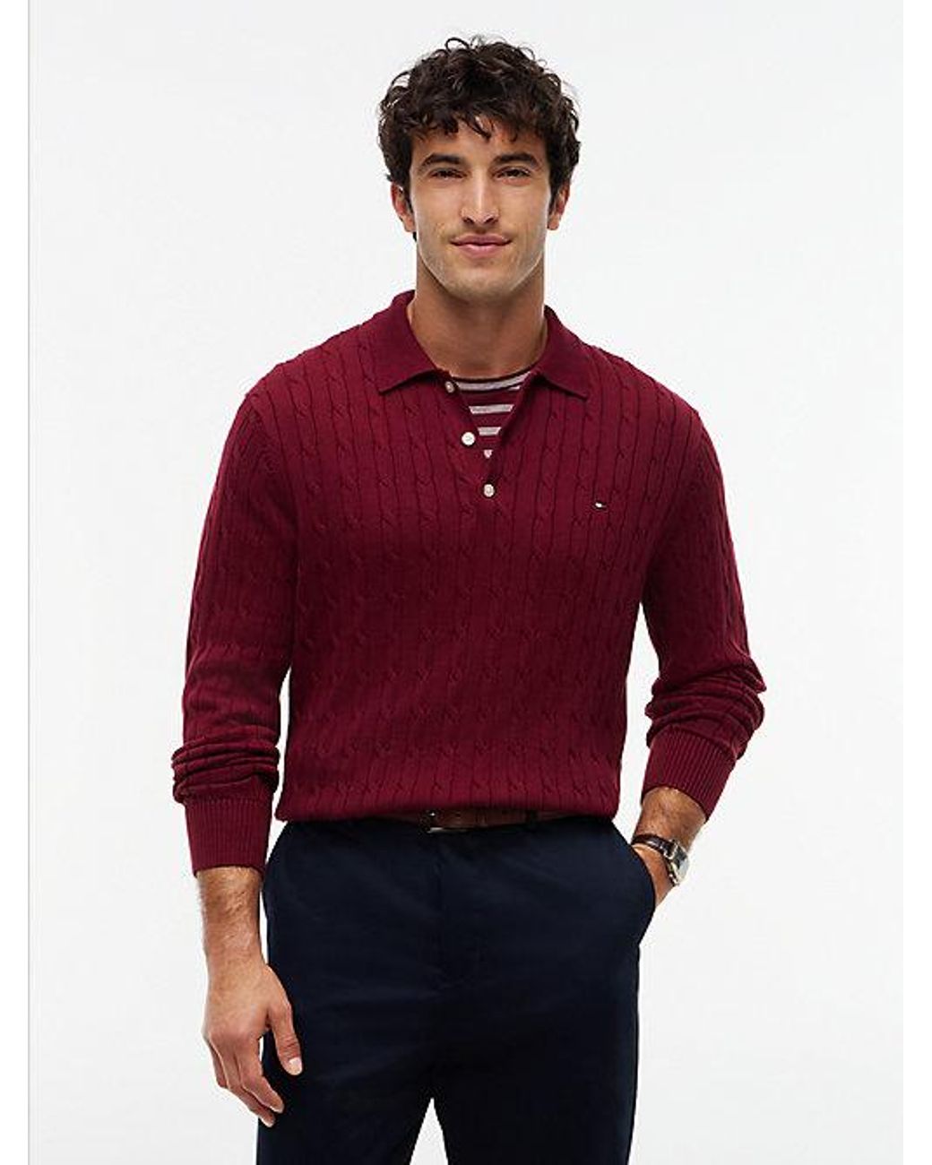 Tommy Hilfiger Red Cable Knit Polo Jumper for men