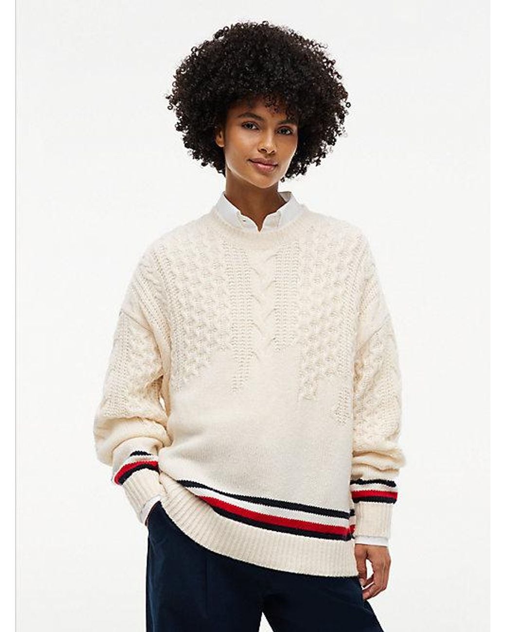 Tommy Hilfiger White Tommy Jeans Pure Wool Cable Knit Oversized Jumper