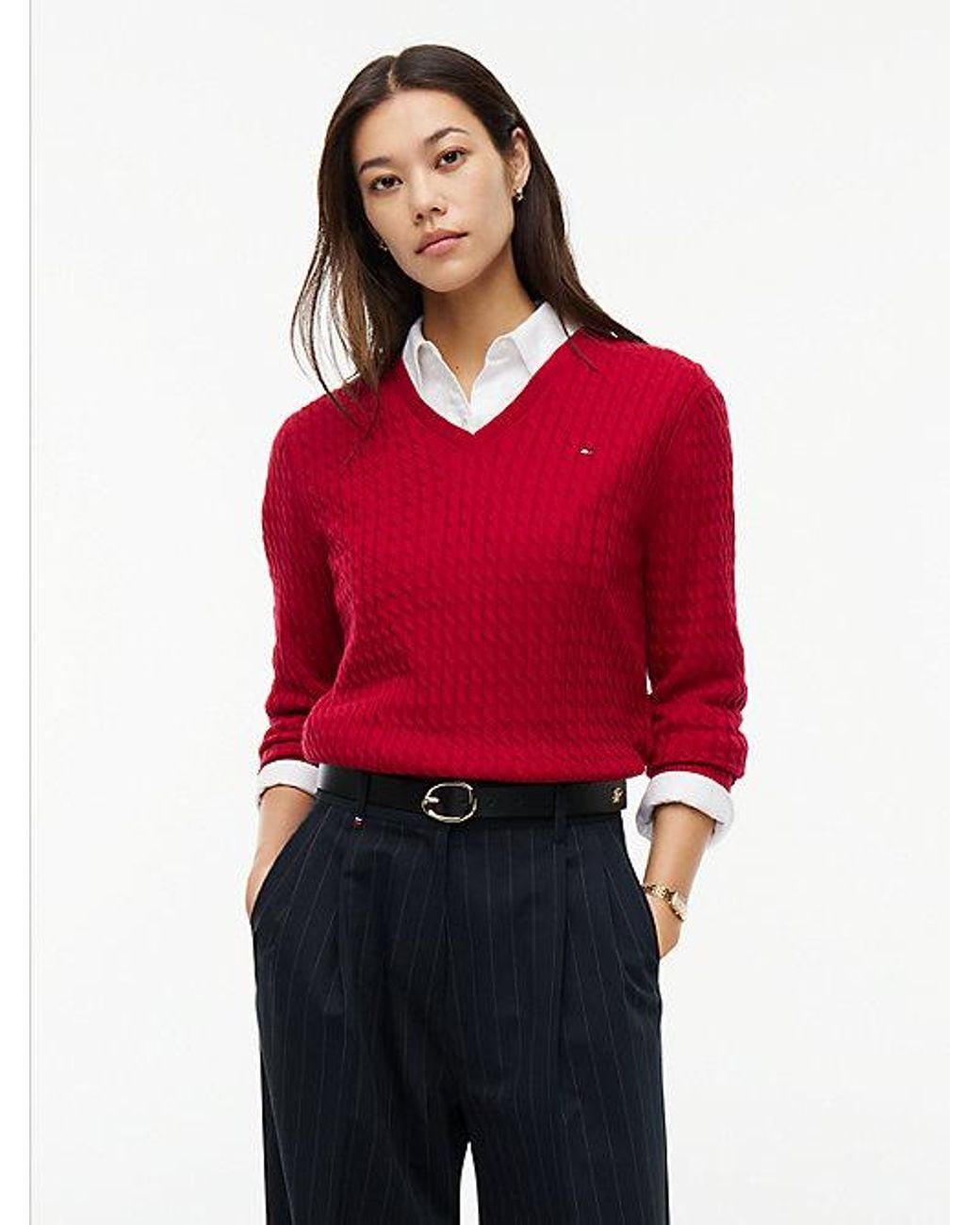 Tommy Hilfiger Red Fine Cable Knit Slim Jumper