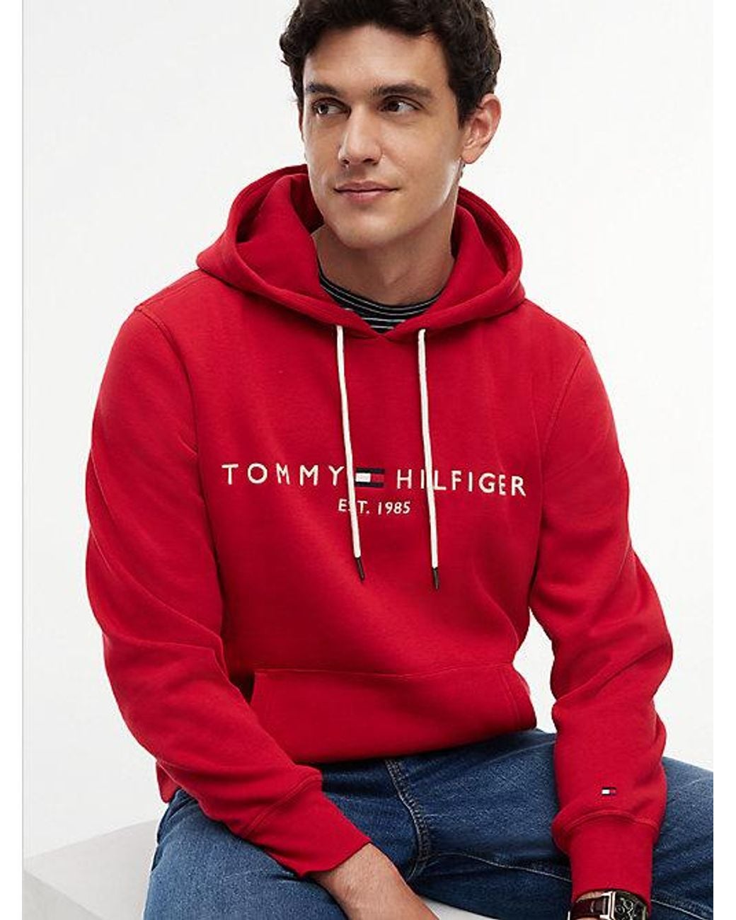 Tommy Hilfiger Red Logo Embroidery Fleece Drawstring Hoody for men