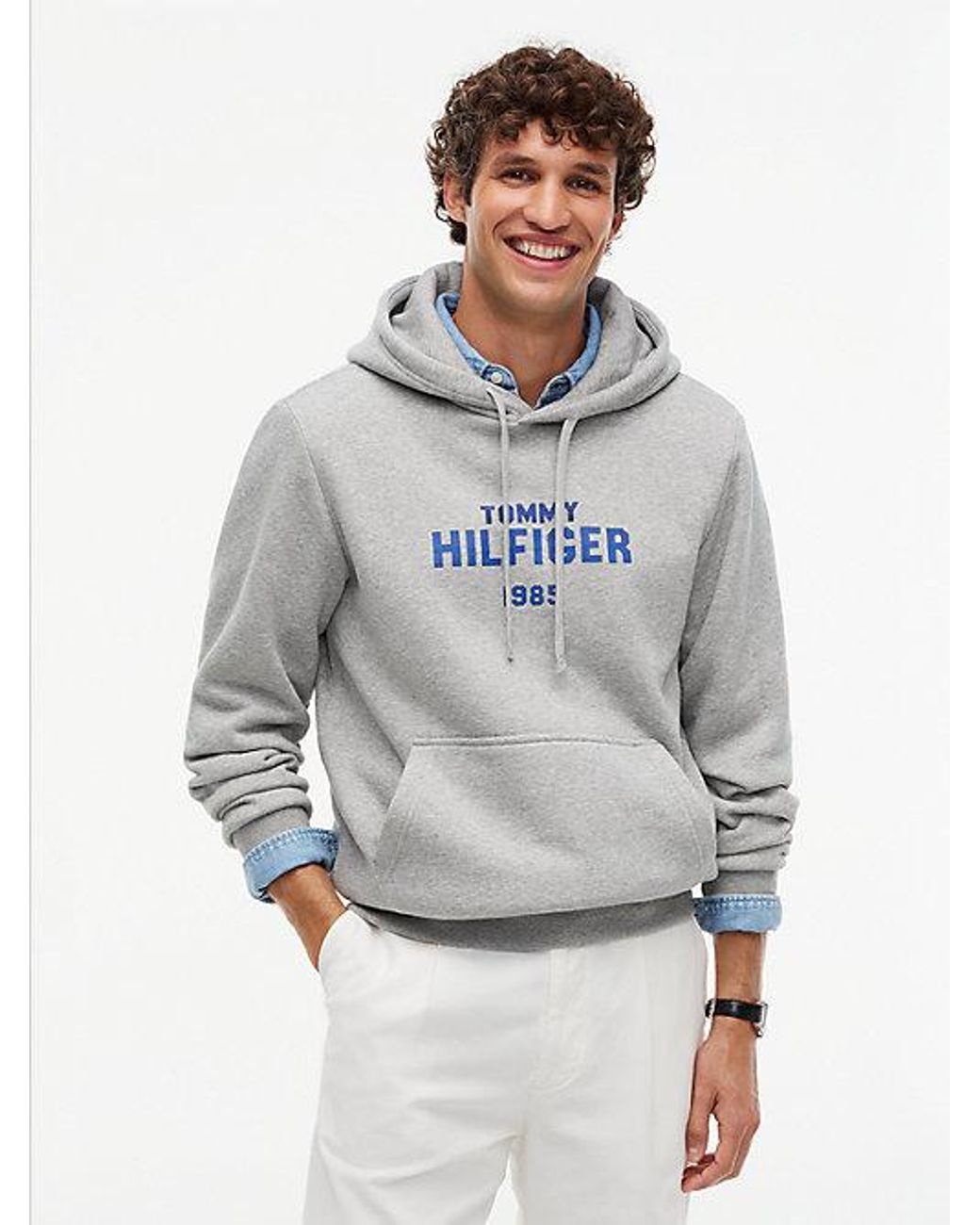 Tommy Hilfiger Gray Logo Embroidery Fleece Hoody for men