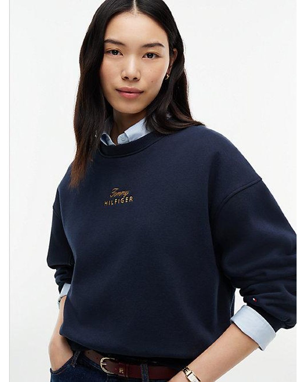 Tommy Hilfiger Blue Logo Embroidery Relaxed Fleece Jumper