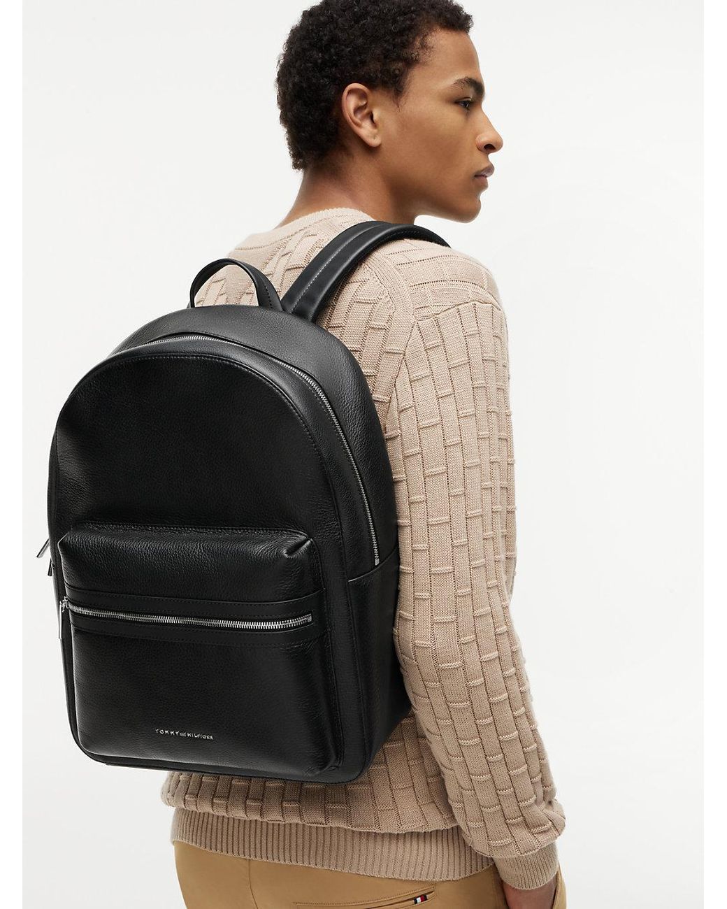 Tommy Hilfiger Black Th Business Premium Leather Dome Backpack for men