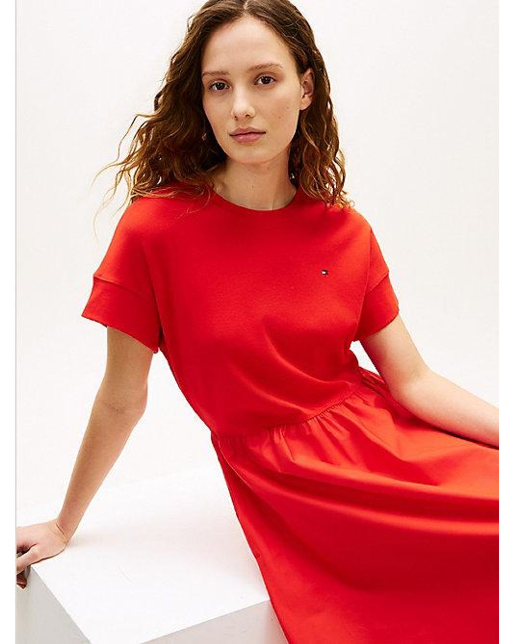 Tommy Hilfiger Red Contrast Fit And Flare Midi Dress