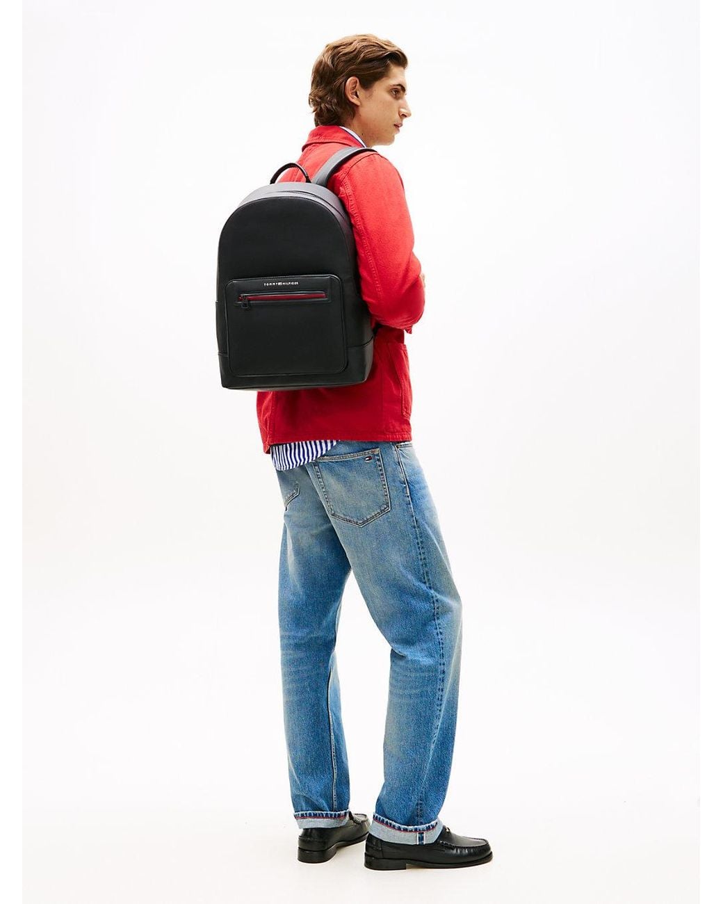 Tommy Hilfiger Black Metal Logo Textured Dome Backpack for men