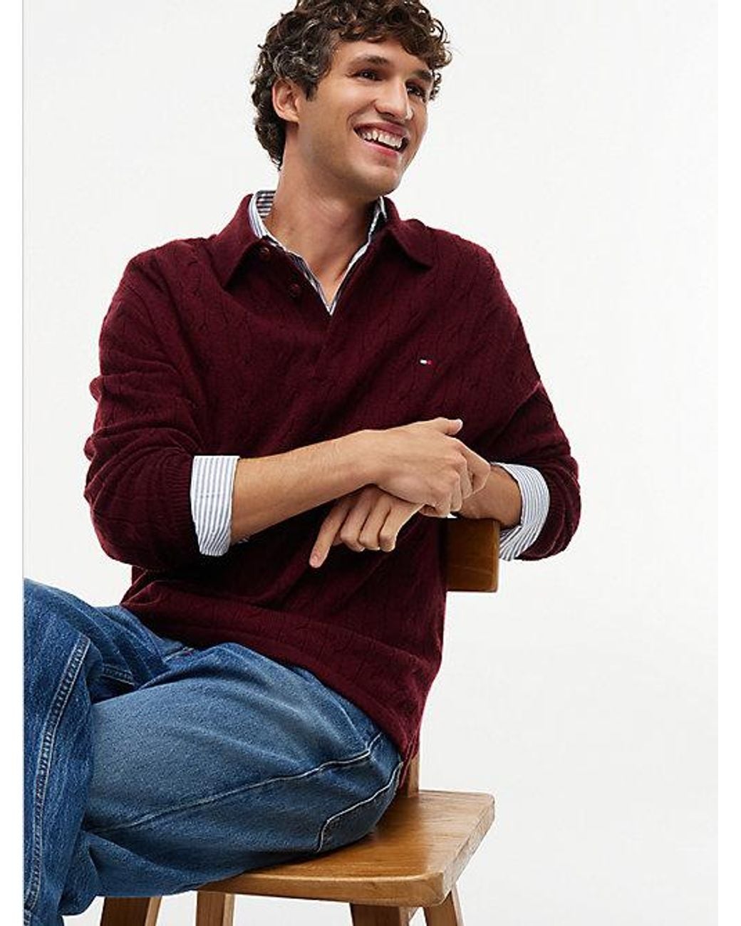 Tommy Hilfiger Red Pure Wool Cable Knit Rugby Jumper for men
