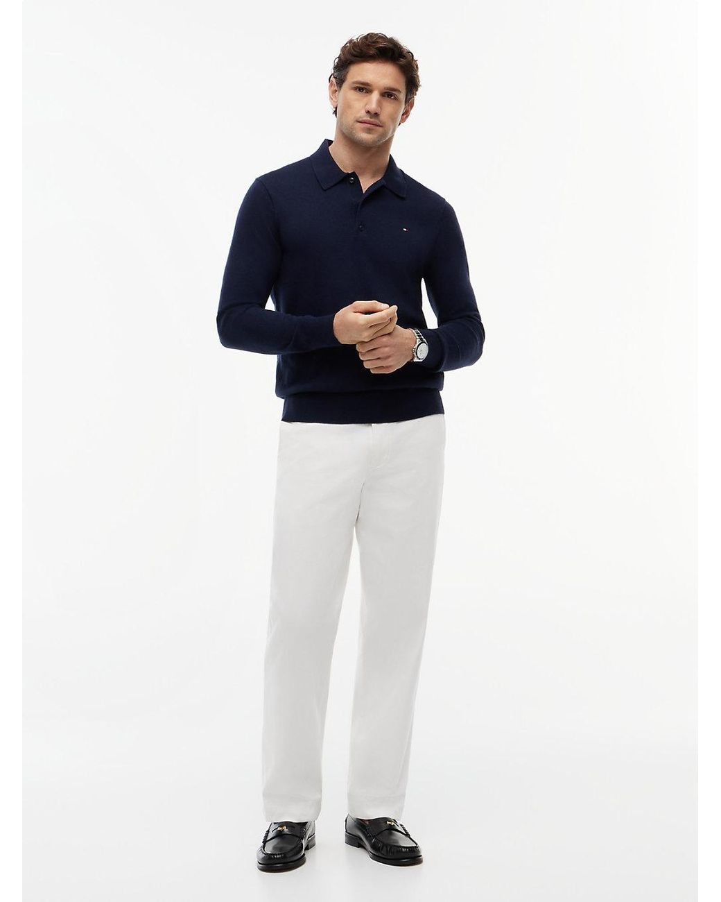 Tommy Hilfiger Blue Cotton Cashmere Long Sleeve Pullover Sweater Polo for men