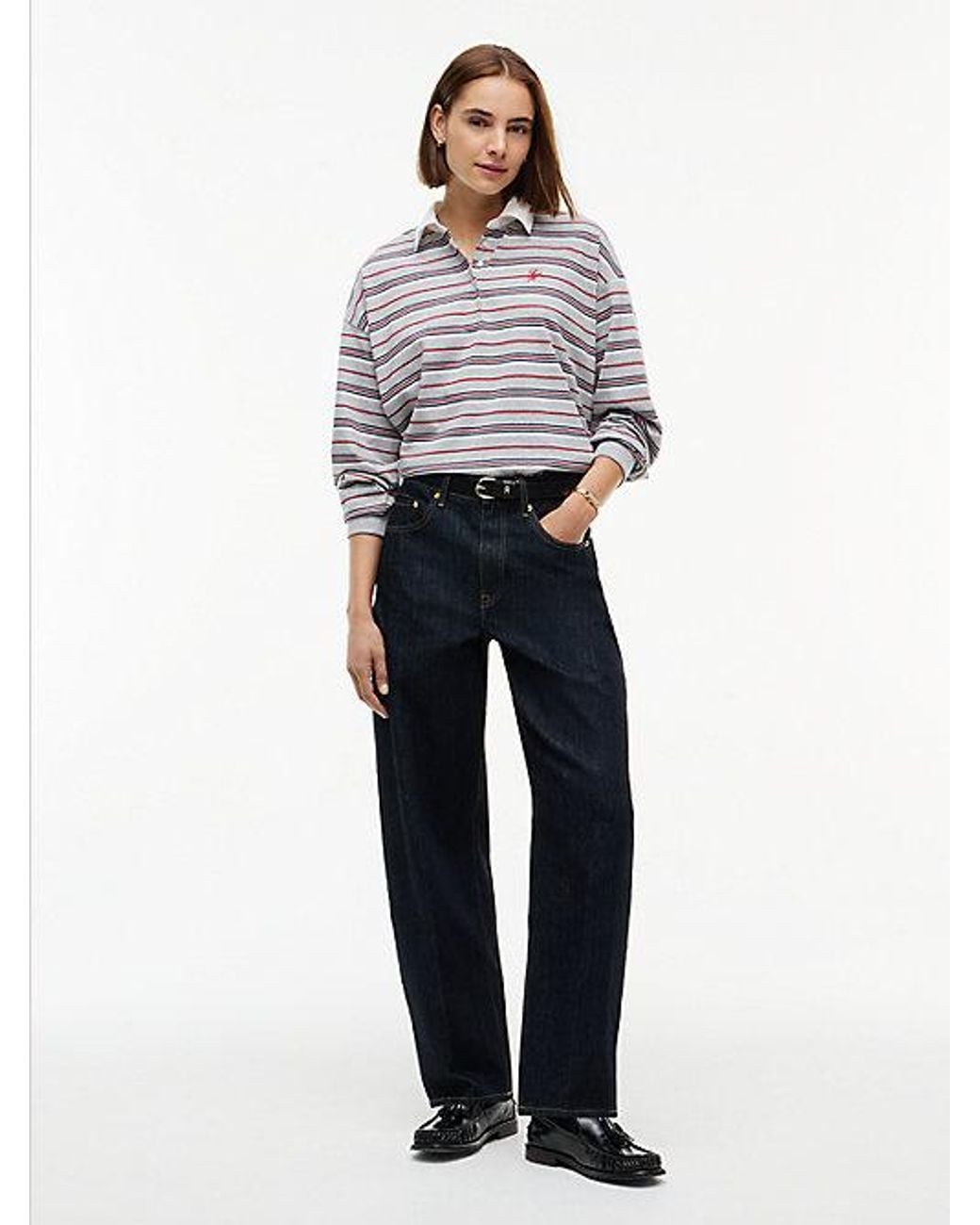 Tommy Hilfiger Gray Rugby Stripe Relaxed Polo Sweatshirt