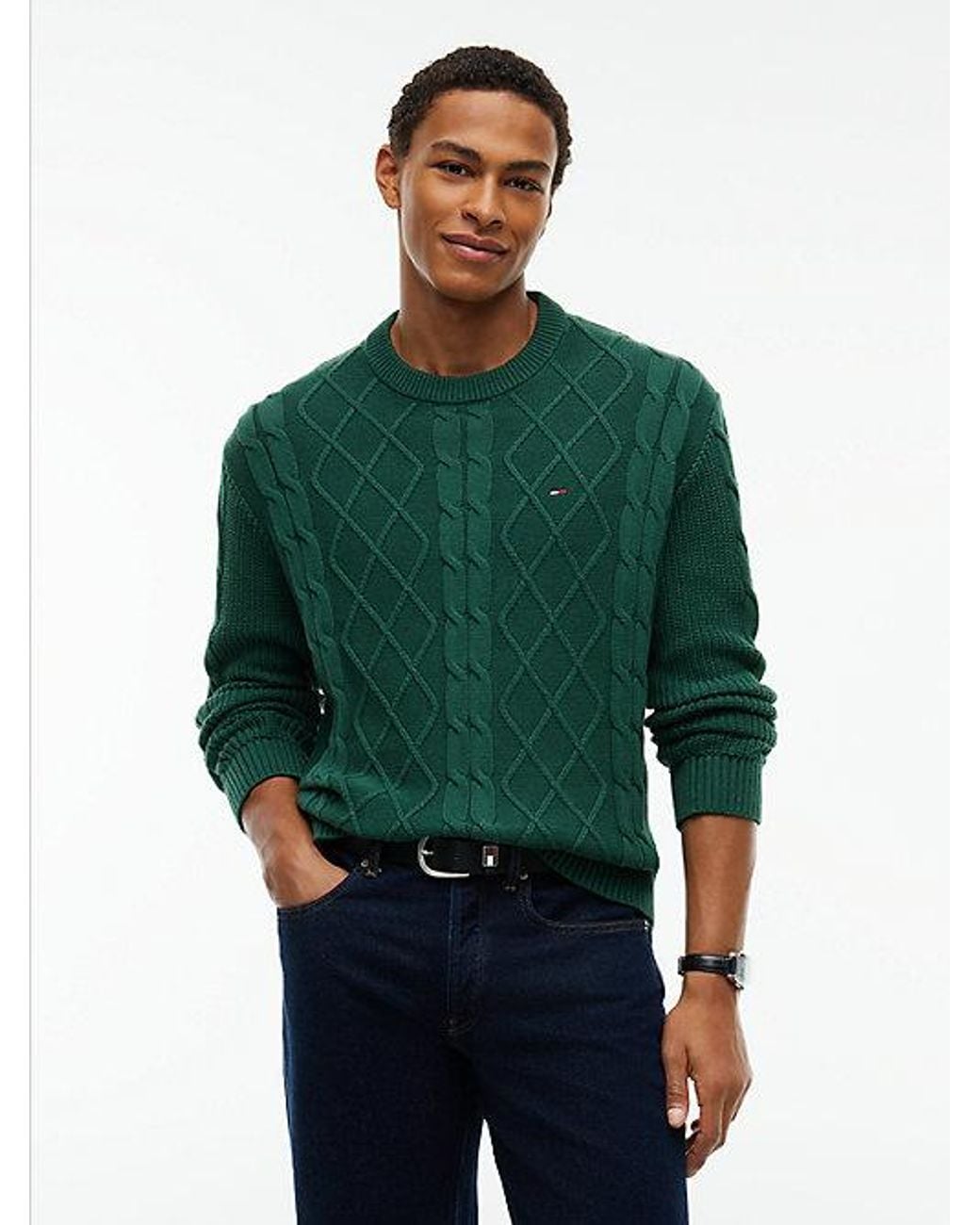Tommy Hilfiger Green Tommy Jeans Tommy Flag Cable Knit Jumper for men