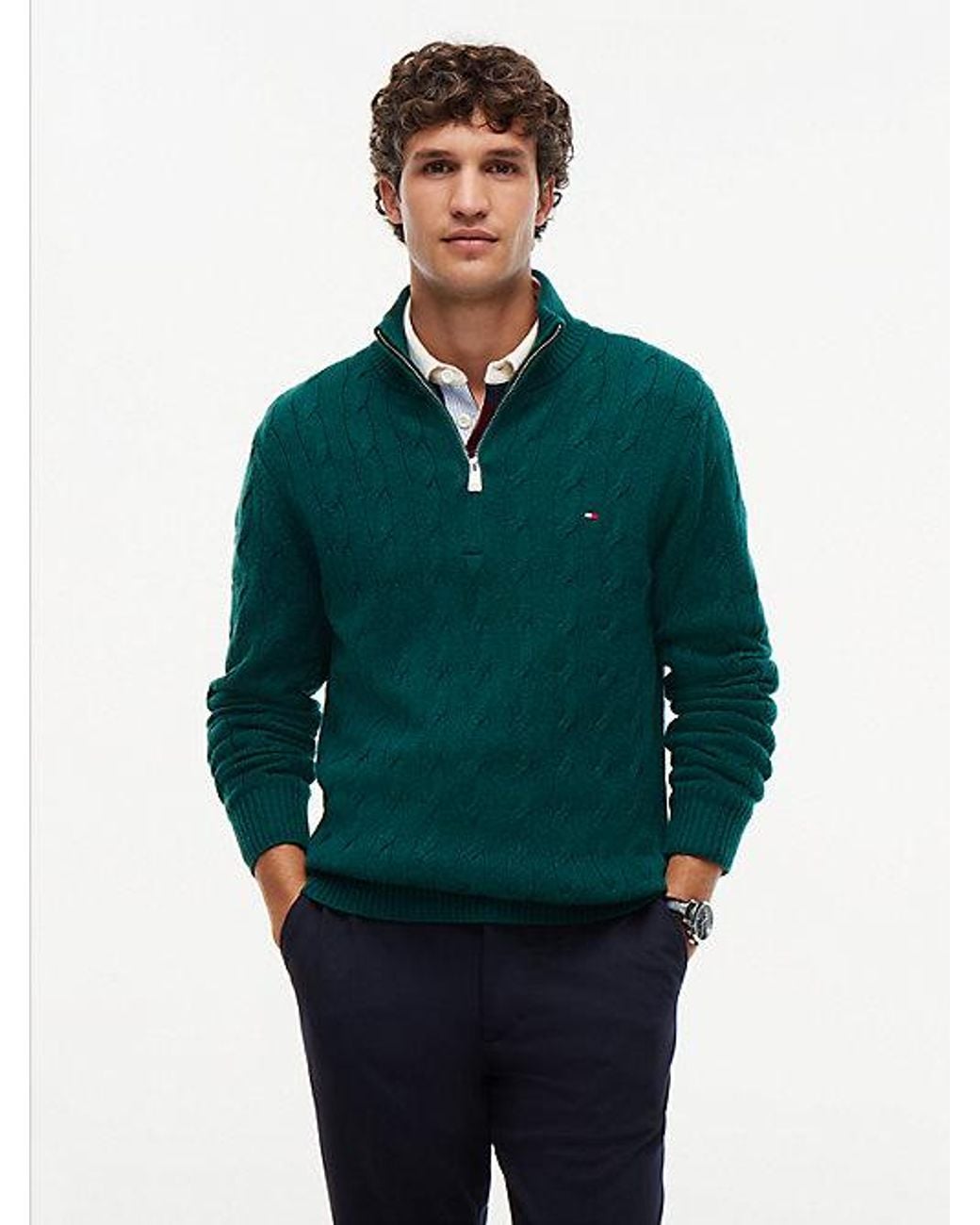 Tommy Hilfiger Green Pure Lambswool Cable Knit Quarter Zip Jumper for men