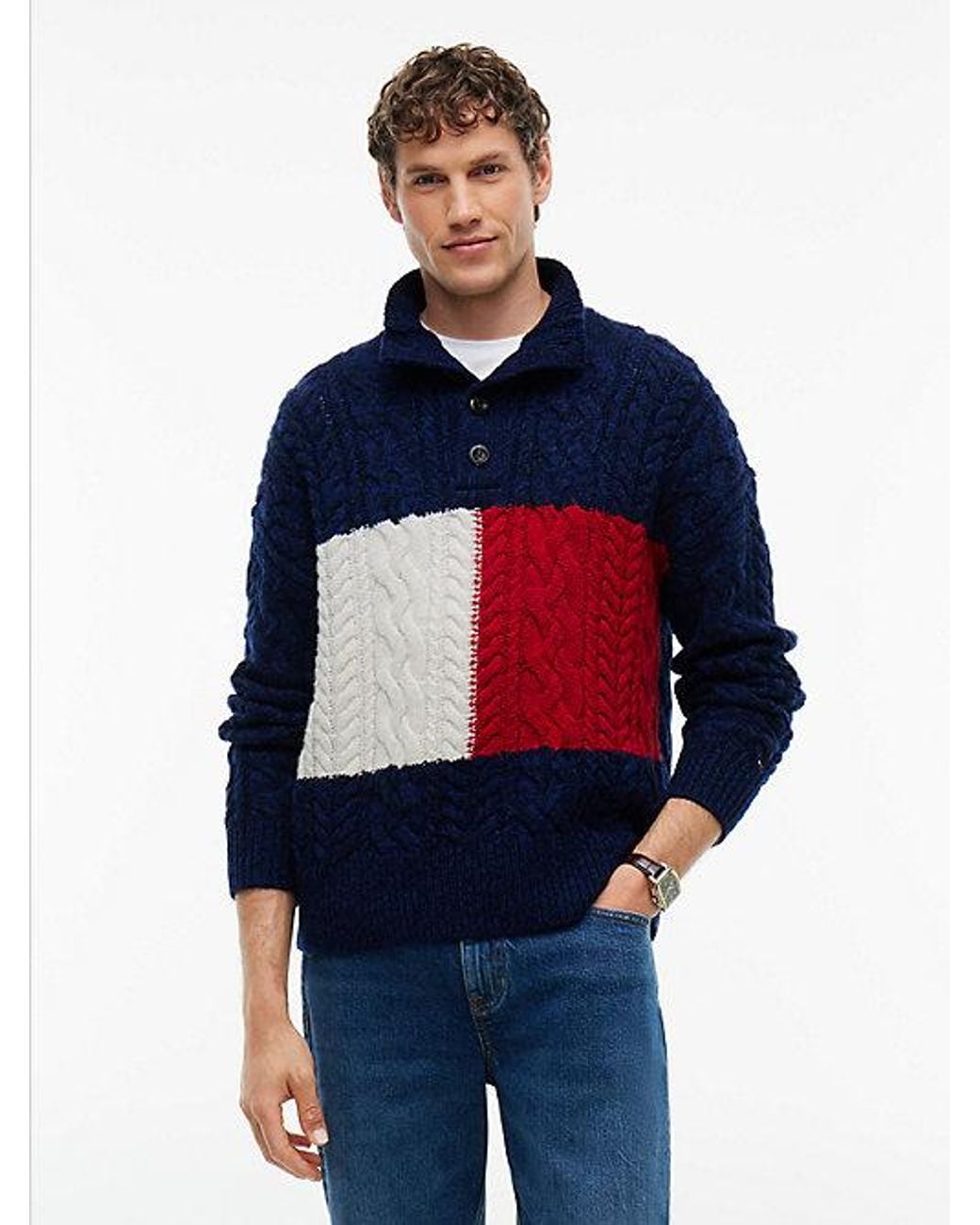 Tommy Hilfiger Blue Wool Blend Button Mock Neck Jumper for men