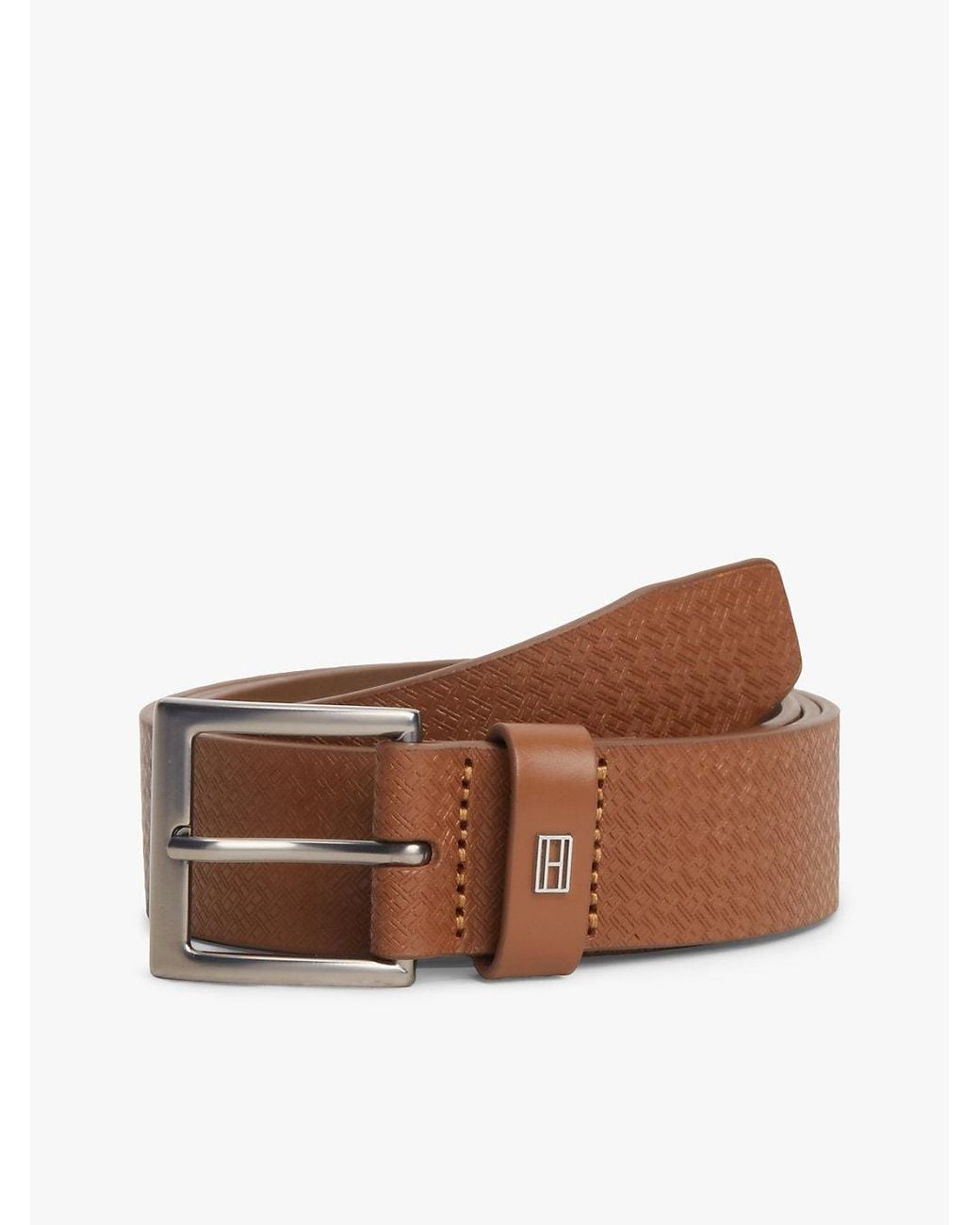 Tommy Hilfiger Brown Flag Plaque Embossed Leather Belt for men