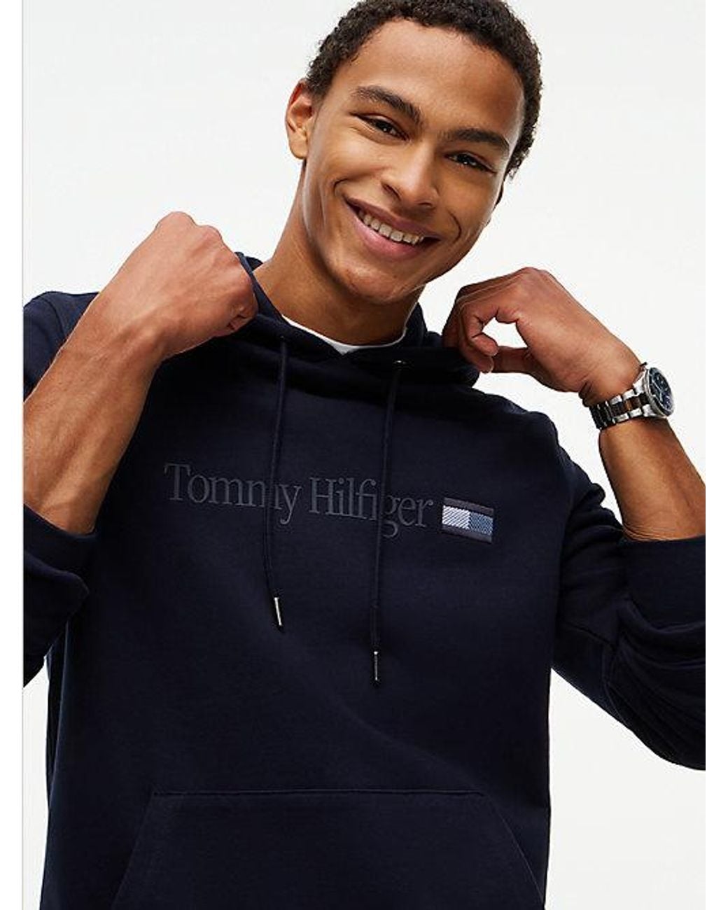 Tommy Hilfiger Blue Logo Terry Drawstring Hoody for men