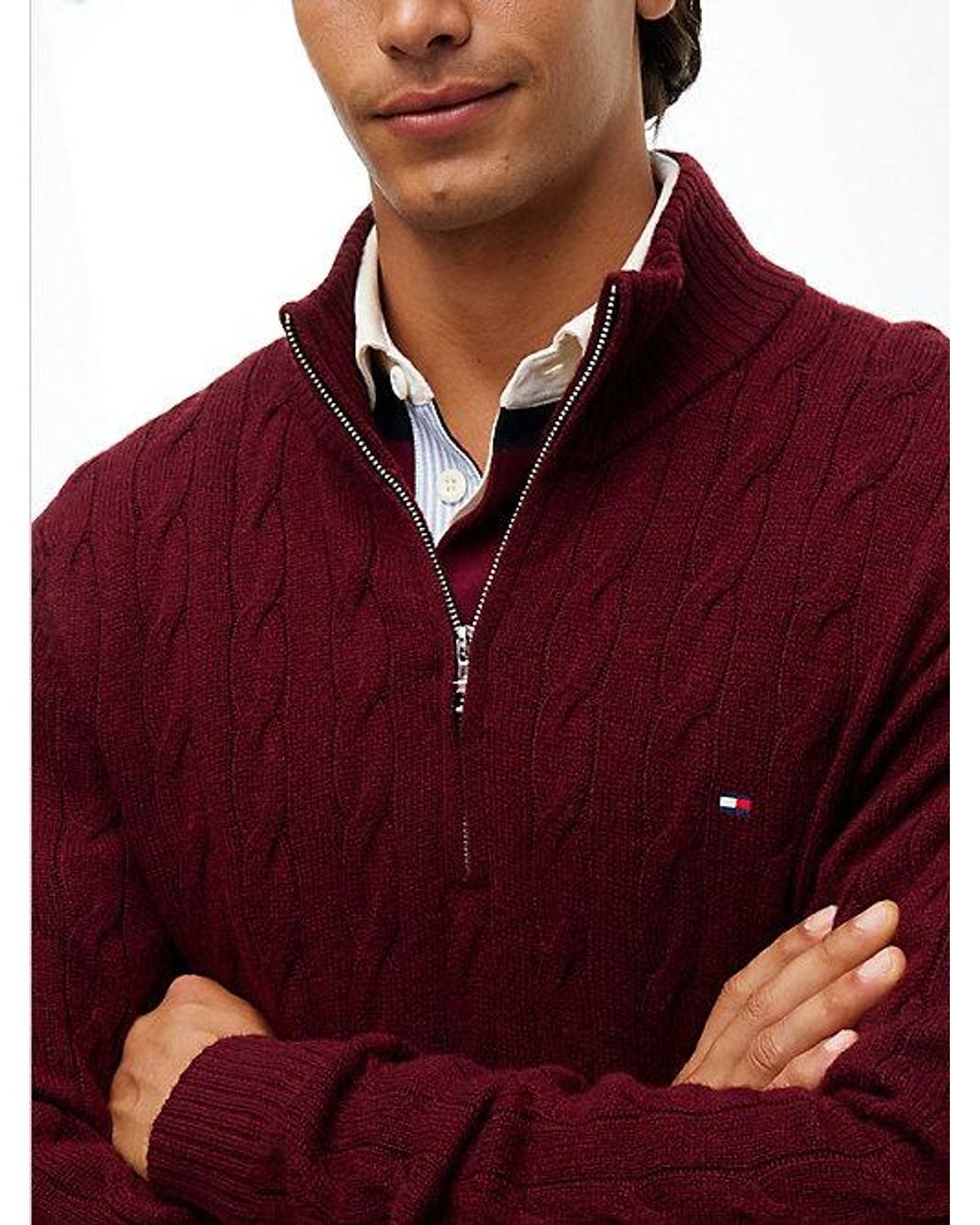 Tommy Hilfiger Red Pure Lambswool Cable Knit Quarter Zip Jumper for men