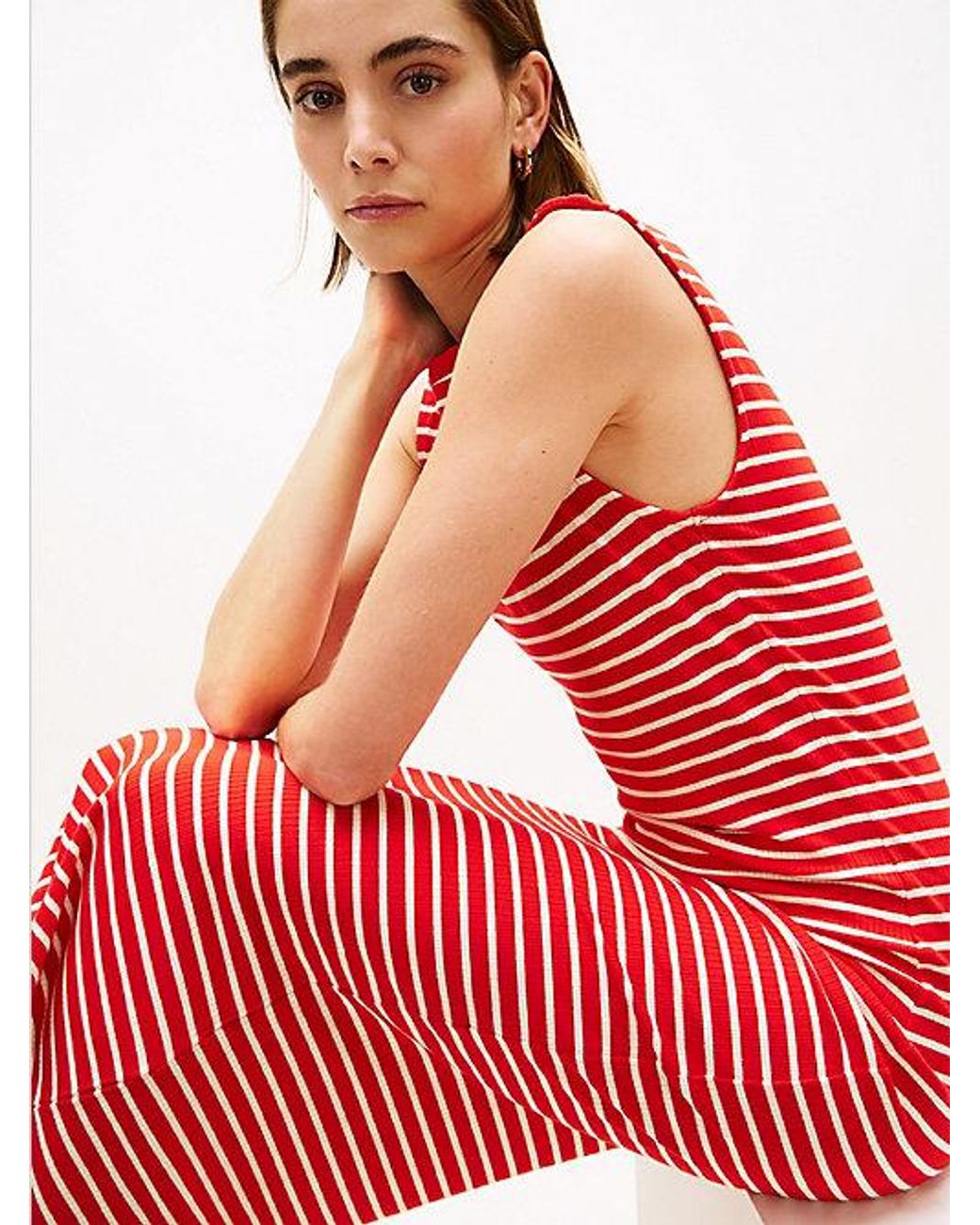 Tommy Hilfiger Red Boat Neck Slim Midi Bodycon Dress