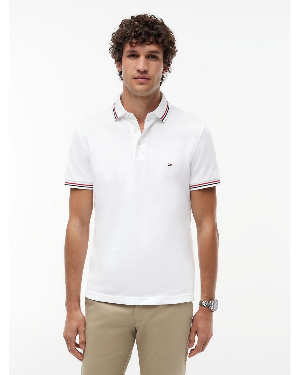 Tommy Hilfiger White S Short Sleeve Casual Polo Shirts In Slim Fit With Stretch And Cuff Designs for men