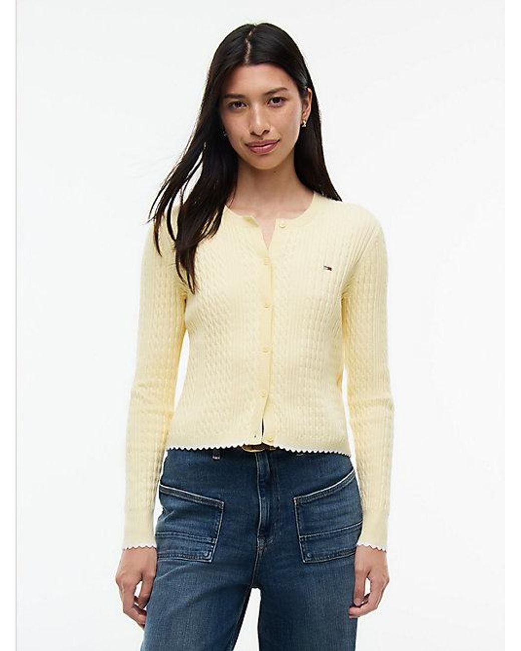 Tommy Hilfiger Natural Tommy Jeans Cable Knit Scalloped Trim Slim Cardigan