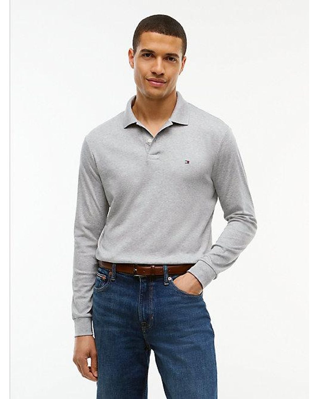 Tommy Hilfiger Gray Fluid Cotton Long Sleeve Polo Shirt for men