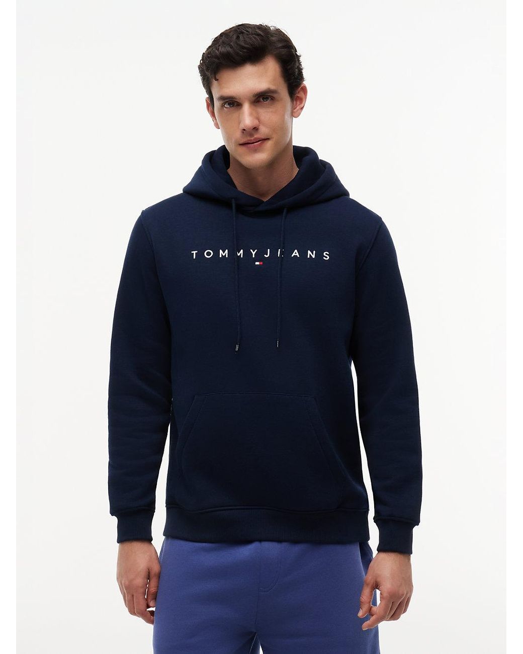 Tommy Hilfiger Blue Linear Logo Fleece Drawstring Hoody for men