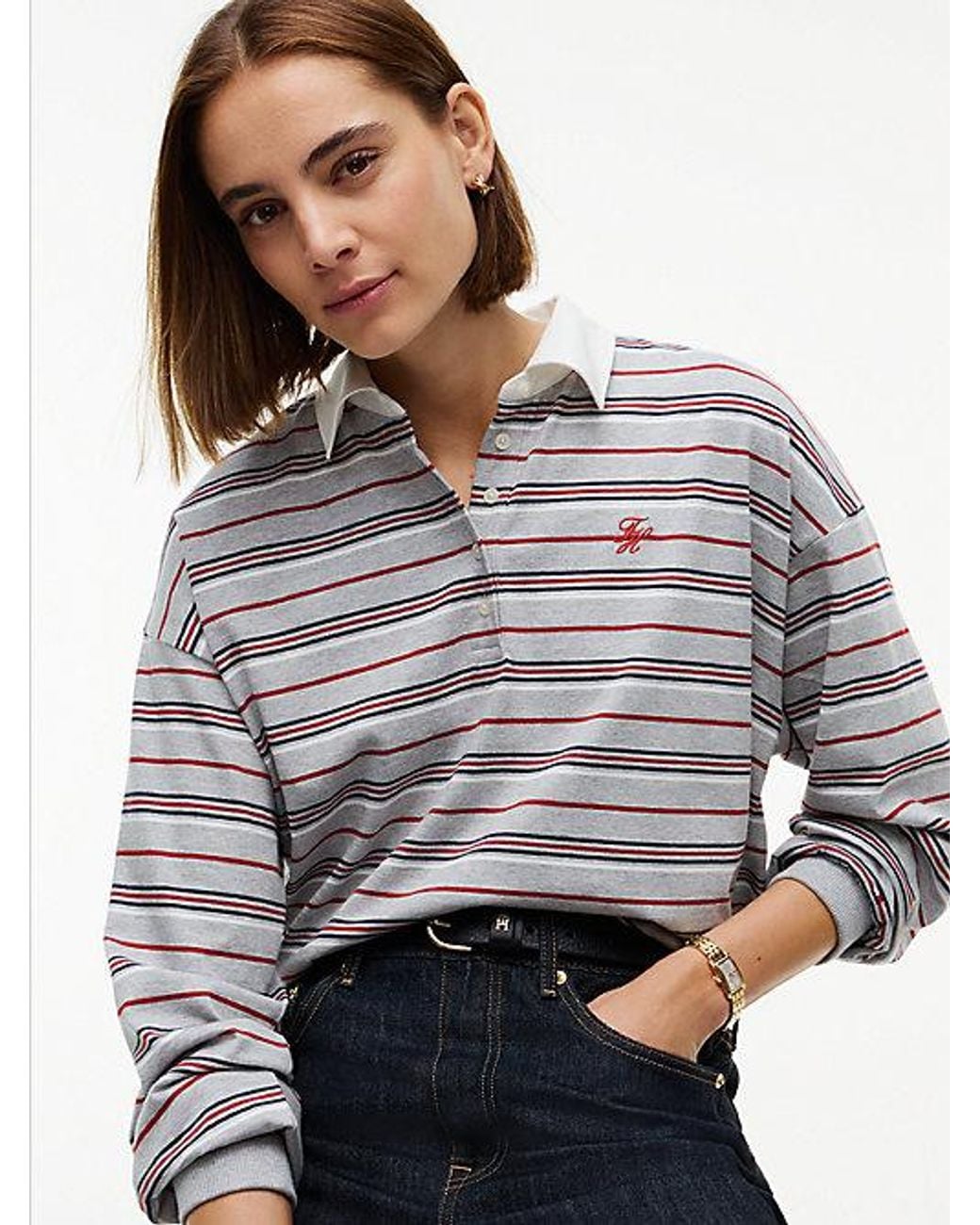 Tommy Hilfiger Gray Rugby Stripe Relaxed Polo Sweatshirt