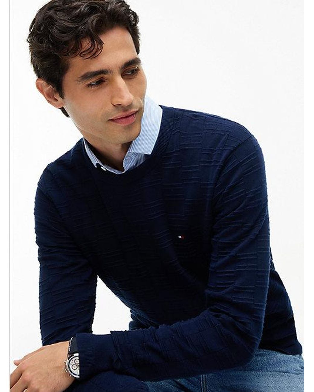 Tommy Hilfiger Blue Flag Knit Crew Neck Jumper for men