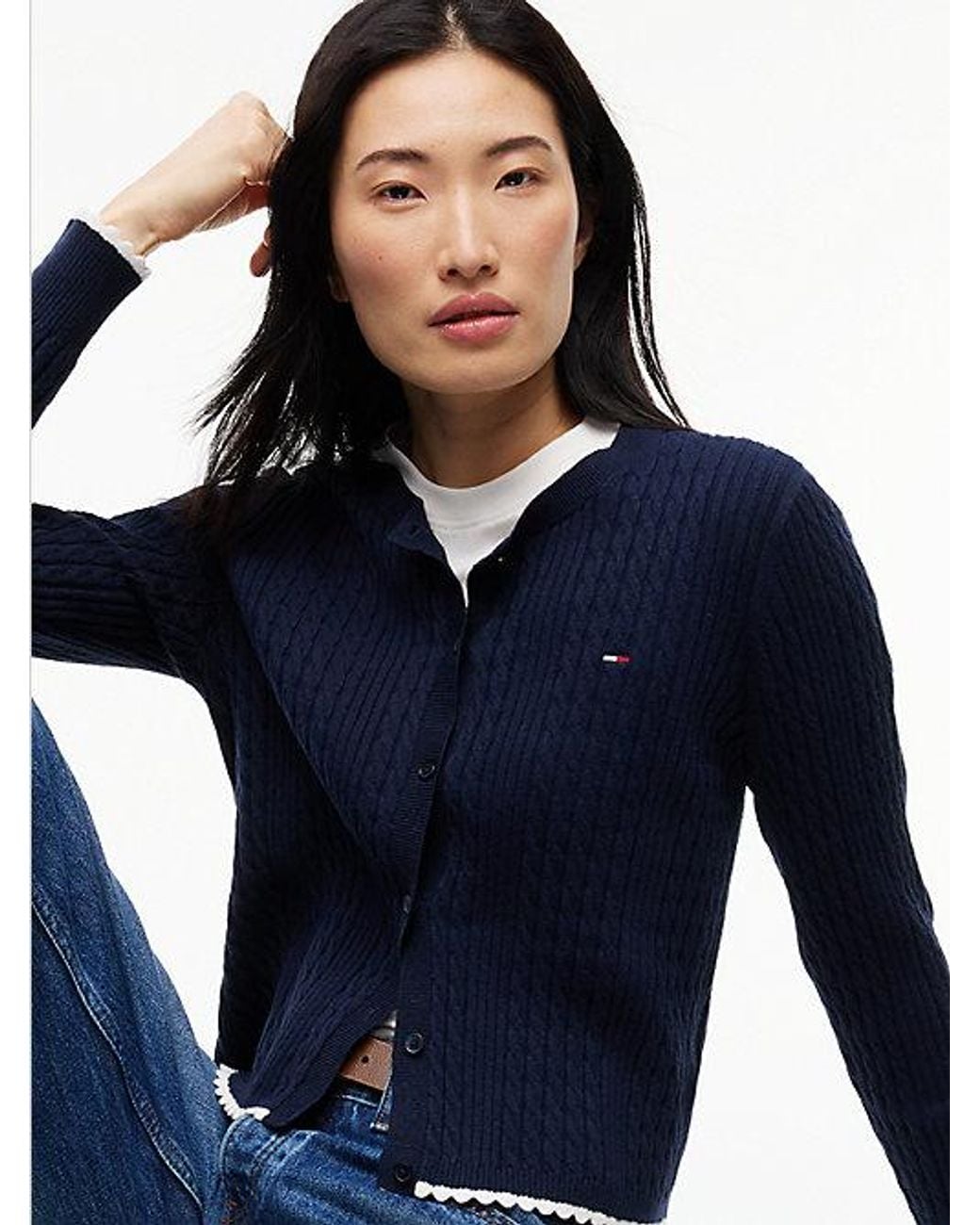 Tommy Hilfiger Blue Tommy Jeans Cable Knit Scalloped Trim Slim Cardigan