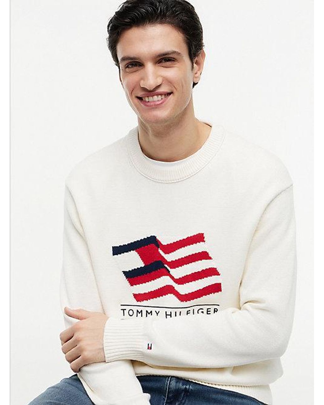 Tommy Hilfiger White Intarsia Flag Relaxed Crew Neck Jumper for men