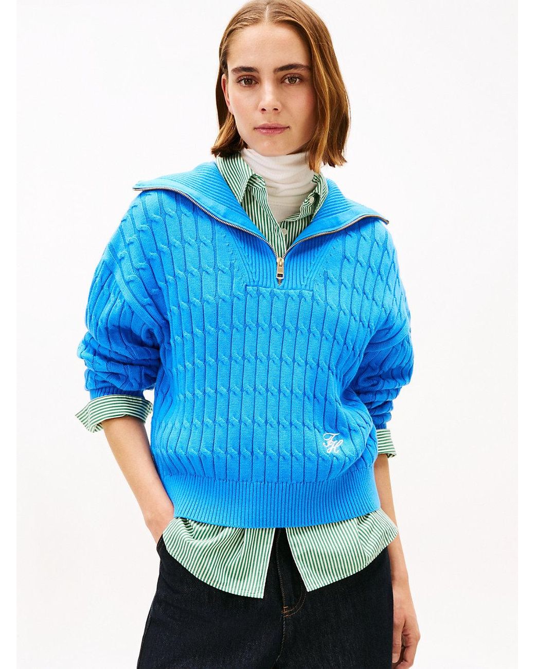 Tommy Hilfiger Blue Relaxed Cable Knit Quarter-Zip Jumper