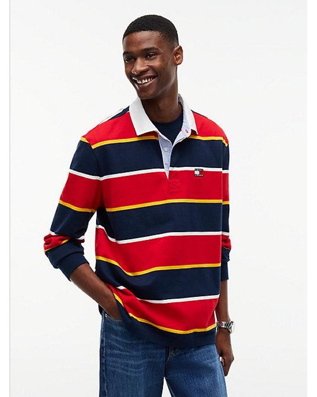 Tommy Hilfiger Red Tommy Jeans Tommy Badge Stripe Relaxed Rugby Shirt for men